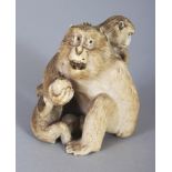 A GOOD JAPANESE MEIJI PERIOD IVORY OKIMONO OF A MONKEY & ITS YOUNG, the fur naturalistically