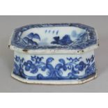 A CHINESE QIANLONG PERIOD BLUE & WHITE PORCELAIN SALT, 2.9in x 2.4in x 1.25in high.