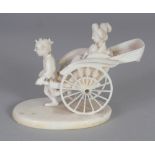 A SIGNED JAPANESE MEIJI PERIOD IVORY OKIMONO OF A RICKSHAW, containing a lady and her infant, the