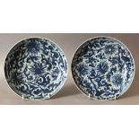 A PAIR OF CHINESE KANGXI PERIOD BLUE & WHITE SHIPWRECK PORCELAIN PLATES, circa 1700, of saucer