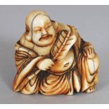 A GOOD QUALITY JAPANESE EDO/MEIJI PERIOD IVORY NETSUKE OF HOTEI, seated in a reclining posture and