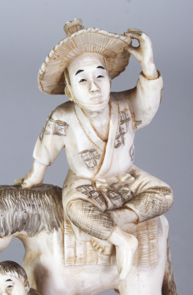 A GOOD QUALITY SIGNED JAPANESE MEIJI PERIOD IVORY OKIMONO OF A FARMER SEATED ON A HORSE, together - Image 5 of 9