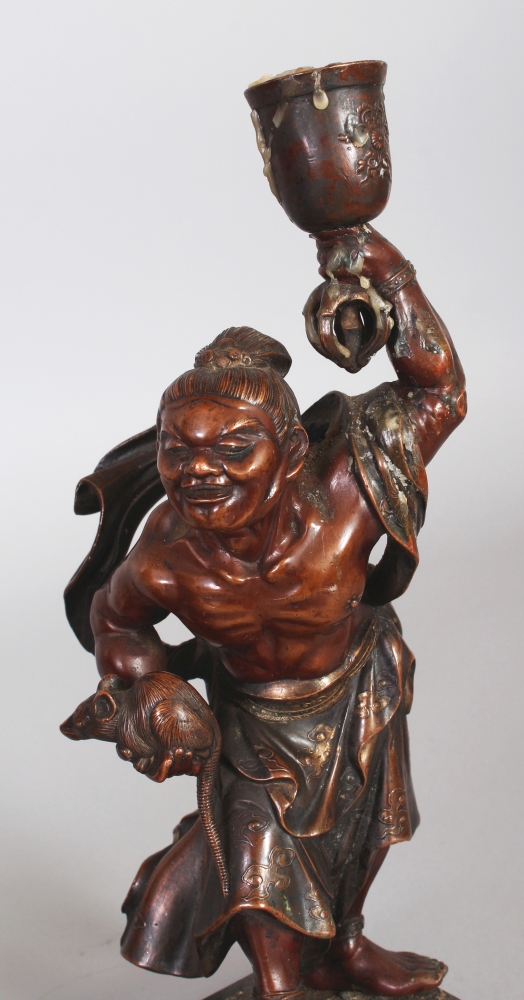 A PAIR OF GOOD QUALITY JAPANESE MEIJI PERIOD MIXED METAL FIGURES OF ONI CANDLESTICKS, each bearing - Image 5 of 7