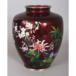 A GOOD QUALITY EARLY 20TH CENTURY JAPANESE RED GROUND CLOISONNE & GIN BARI VASE, with chrome rims,