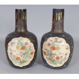 A PAIR OF EARLY 20TH CENTURY JAPANESE TOTAI CLOISONNE ON EARTHENWARE BOTTLE VASES, each painted with