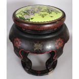 A CHINESE CLOISONNE & LACQUERED WOOD STOOL, the top surface inset with a domed lime-green ground
