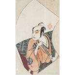 AN 18TH CENTURY FRAMED KABUKI WOODBLOCK FAN PRINT BY SHUNSHO & BUNCHO, depicting an actor, the frame