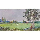 Joao California (1958- ) Portuguese/American. Golfers on a Course, Oil on Board, Signed, Unframed,