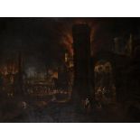 18th Century Dutch School. A Conflagration Scene, with the Troy Horse and Figures, Oil on Canvas,