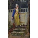 William Arthur Breakspeare (1855-1914) British. 'The Tryst', with an Elegant Lady Peering over a