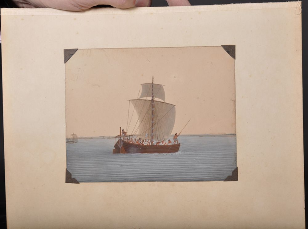 20th Century Indian School. A Junk Trading Boat sailing the British Flag, Watercolour on Mica, - Image 4 of 7
