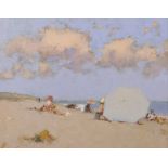 Ken Moroney (1949 ) British. "The Beach Parasol", Oil on Board, Signed, 7.25" x 9.25".