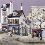 Brenda King (1934 ) British. "Mont-Cenis, Paris", A Parisian Street Scene with Figures by Shops, Oil