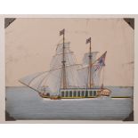 20th Century Indian School. A Junk Trading Boat sailing the British Flag, Watercolour on Mica,