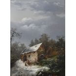 J... Morison (19th Century) British. A Winter Lane with a Cottage and two Small Children feeding