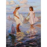 Konstantin Razumov (1974 ) Russian. "Two Girls on the Beach Playing with Toy Yachts", Oil on Canvas,