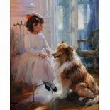 Konstantin Razumov (1974 ) Russian. "Little Girl and Her Dog", Seated in an Interior, Oil on Canvas,