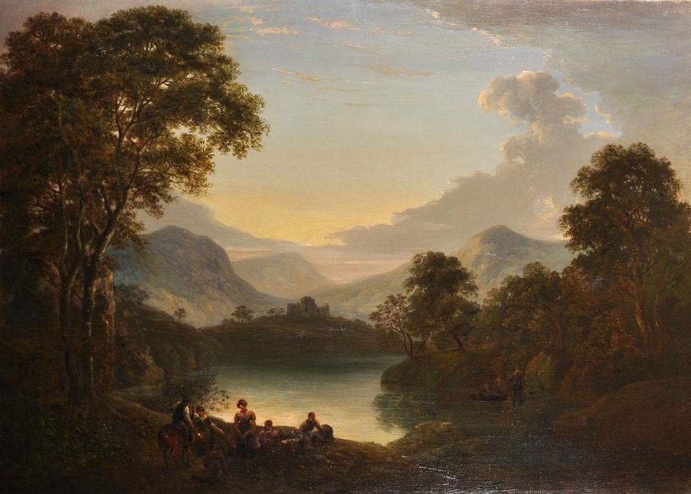 William Traies (1789-1872) British. A Mountainous River Landscape with Figures in the Foreground,