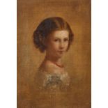 19th Century English School. Bust Portrait of a Young Girl, with a white and blue dress and a