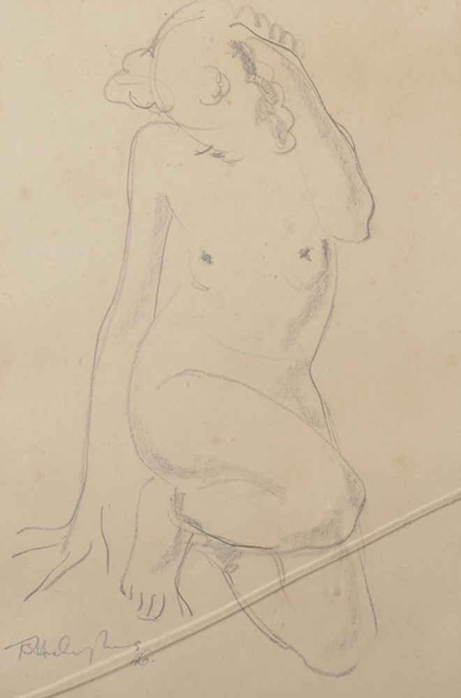 20th Century English School. Study of a Naked Lady Kneeling, Pencil, Indistinctly Signed and