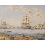 19th Century English School. A Three Mast Man O' War in a Mediterranean Harbour, with further