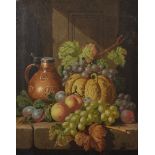 Charles Thomas Bale (act.1866-1895) British. Still Life of Fruit and a Flagon on a Ledge, Oil on