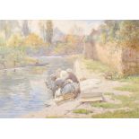 Joseph Kirkpatrick (1872-1936) British. A River Landscape with Washerwoman, Watercolour, Signed