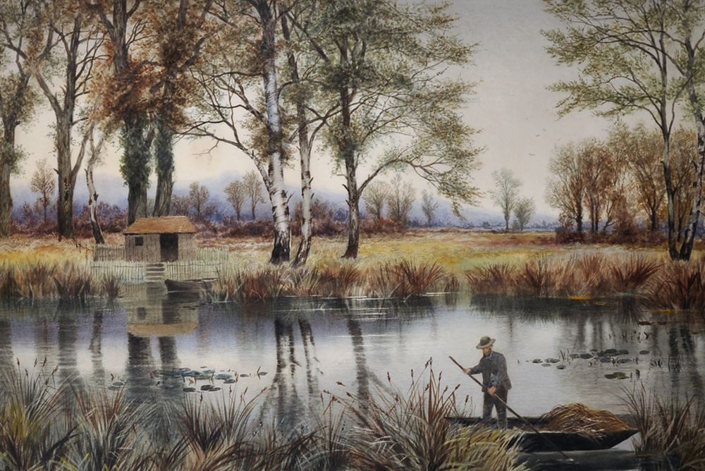 Edward John Duval (act.1876-1916) British. A River Landscape with Man Cutting Reeds in a Punt,