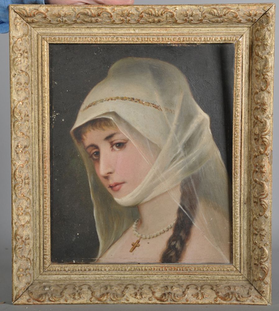 C... H... Round (19th - 20th Century) British. "A Devotee", Head of a Young Girl, Oil on Canvas, - Image 2 of 4