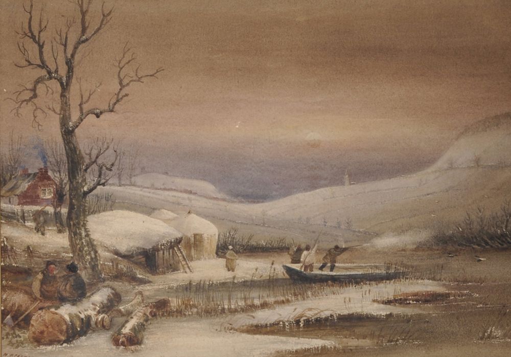 Henry Barlow Carter (1803-1867) British. Duck Flighting in a Winter Landscape, Watercolour, Signed