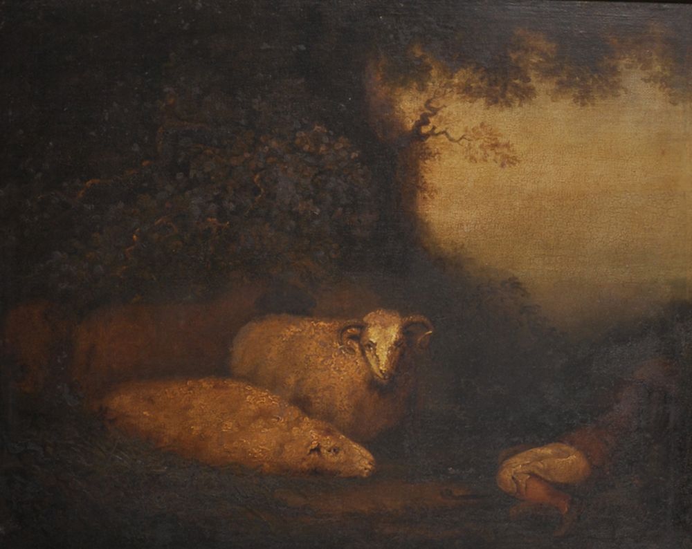 Circle of Samuel Palmer (1805-1881) British. A Young Shepherd Boy sleeping by his Flock, Oil on