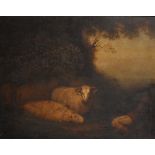 Circle of Samuel Palmer (1805-1881) British. A Young Shepherd Boy sleeping by his Flock, Oil on