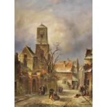 De Vries (20th Century) Dutch. Winter Street Scene with Figures, Oil on Panel, Signed, 15.5" x 11.