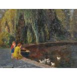 Edward Alfred Cucuel (1875-1954) American. 'Feeding the Ducks', a Mother and her Children by a Pond,