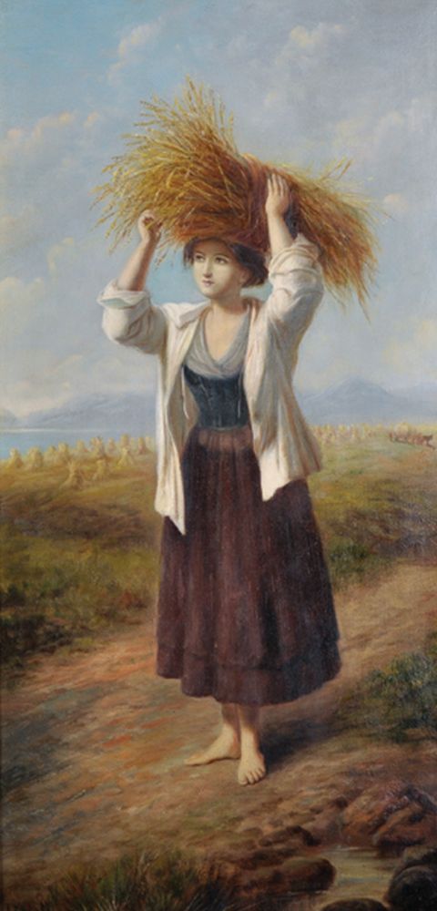 Jack Leigh Wardleworth (19th - 20th Century) British. Study of a Young Girl, Carrying Straw, Oil
