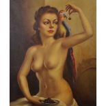 Peter Grant (20th Century) British. Portrait of a Naked Woman Feeding Cherries to a Parrot, Oil on