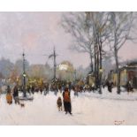 Ken Moroney (1949 ) British. "Snow Scene in Paris", Oil on Board, Signed, 9.75" x 11.5".
