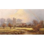 John Barrett (1822-1893) British. A Church by a River with a Rainbow, Oil on Canvas, Signed, 12" x