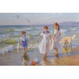 Alexander Averin (1952 ) Russian. "Small Ships", Three Young Girls and a Dog on the Sea Shore, Oil