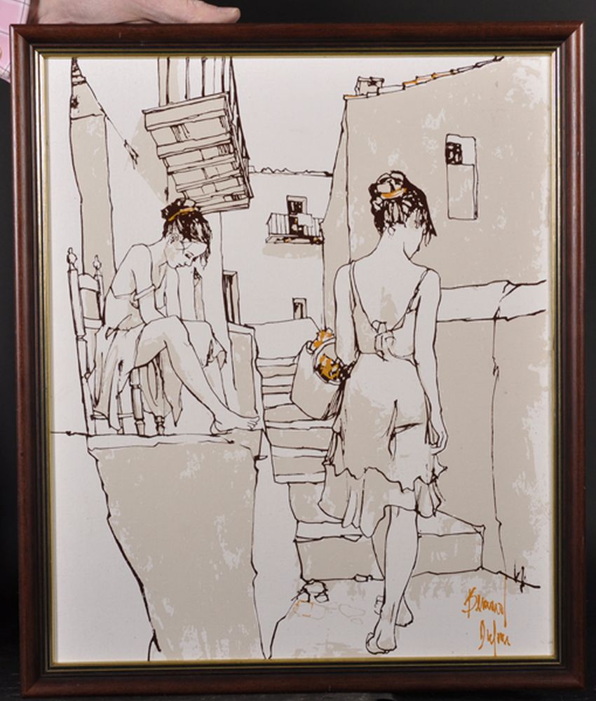 Bernard Dufour (1922-2016) French. Study of Two Girls in a Backstreet, Oil on Artist's Board, - Image 2 of 4