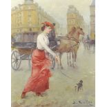 Juan Soler (1951 ) Spanish. A Parisian Street Scene, with a Young Girl dressed in White and Red,