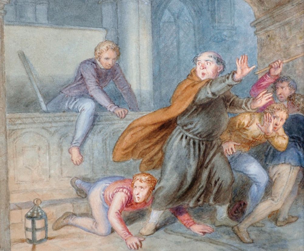 John Massey Wright (1777-1866) British. 'The Fright', with Figures in a Church, Watercolour, 5.25" x