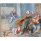 John Massey Wright (1777-1866) British. 'The Fright', with Figures in a Church, Watercolour, 5.25" x