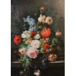 B...Allison (20th Century) Continental. A Still Life with Flowers in a Basket on a Ledge, Oil on