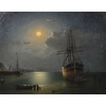 Victor Edouard Adam (1868-1938) British. A Boat on the Shore at Anchor under Moonlight, with Figures