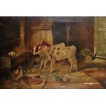 After Walter Hunt (1861-1941) British. Dog in the Manger with Two Young Calves, and Chickens, Oil on
