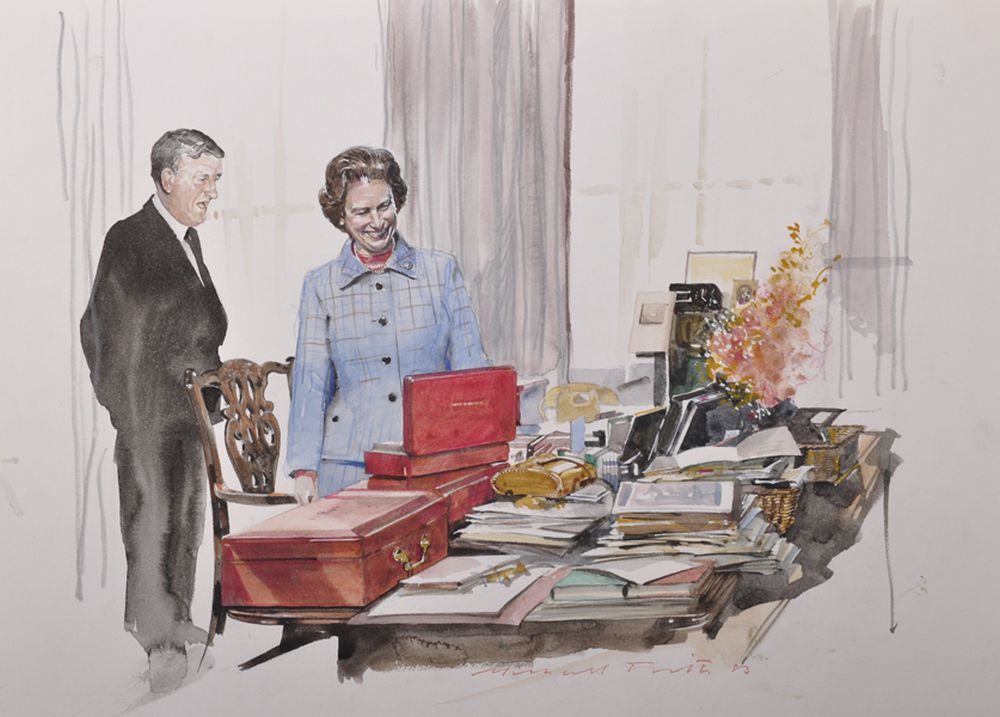 Michael Frith (1951 ) British. A Sketch of the Queen meeting her Private Secretary, Watercolour,