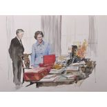 Michael Frith (1951 ) British. A Sketch of the Queen meeting her Private Secretary, Watercolour,