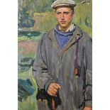 20th Century Russian School. Study of a Man in a River Landscape, Oil on Canvas, Signed in Cyrillic,