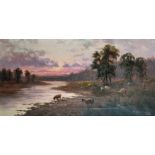 Sidney Yates Johnson (act.1890-1926) British. A River Landscape at Dusk, with Sheep in the